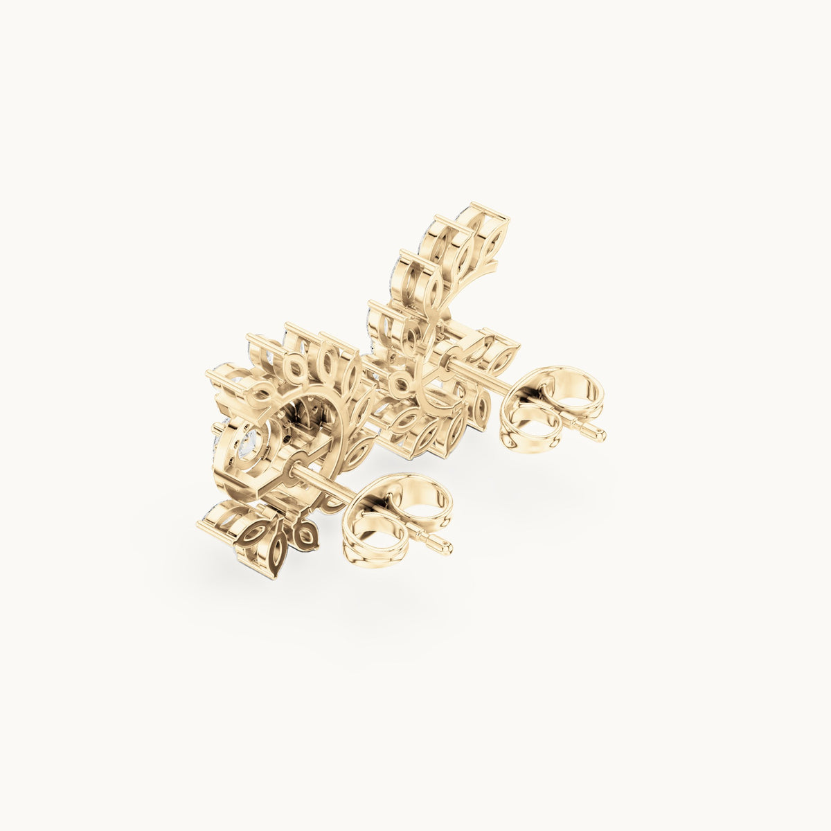 Marquise and round lab-grown diamond leaf swirl halo stud earrings in yellow gold, 0.99 CT TW, view 2