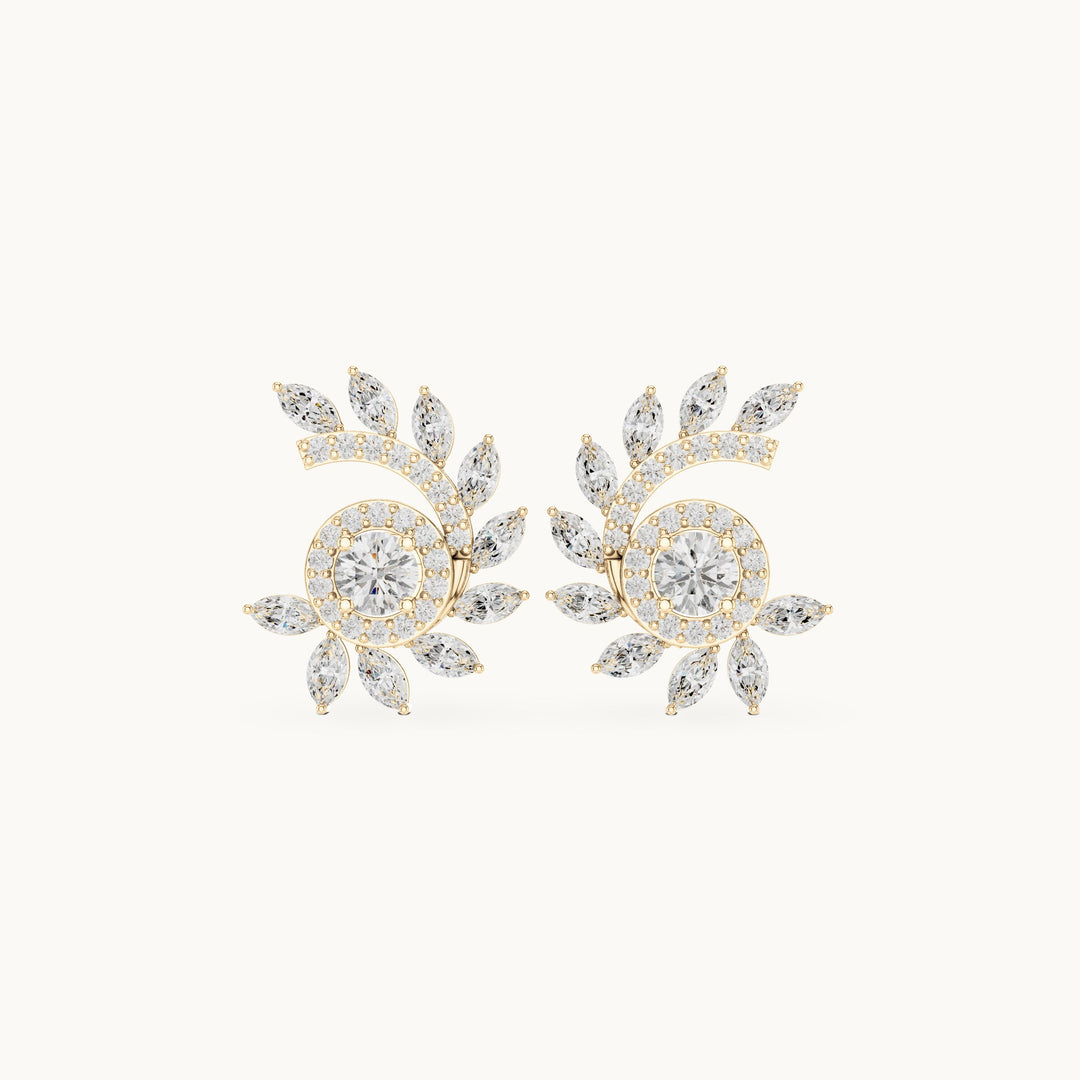 Marquise and round lab-grown diamond leaf swirl halo stud earrings in yellow gold, 0.99 CT TW, view 4