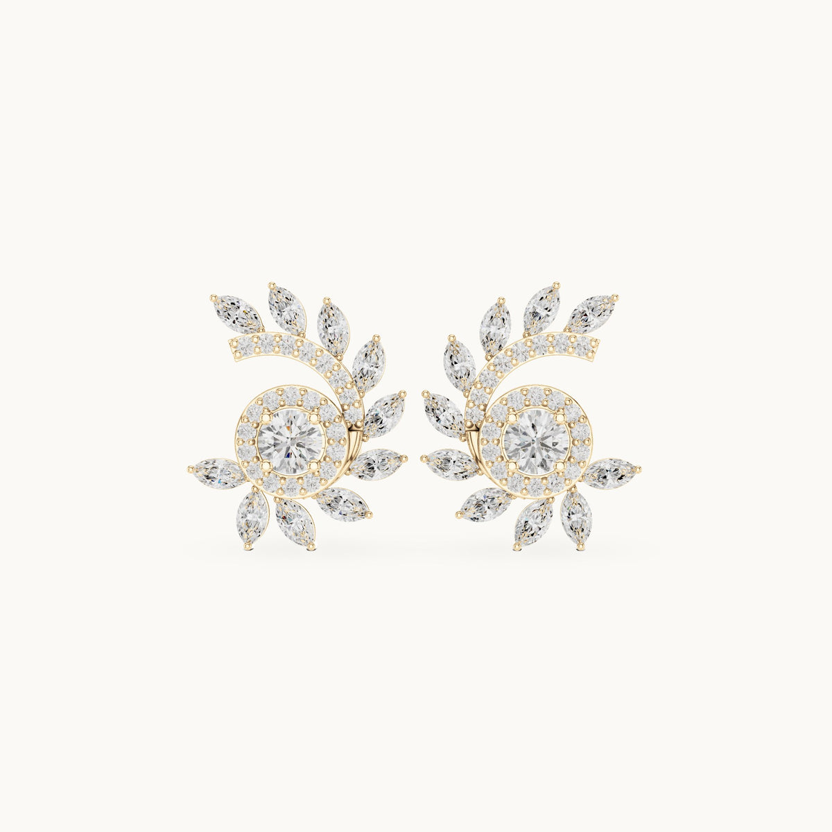 Marquise and round lab-grown diamond leaf swirl halo stud earrings in yellow gold, 0.99 CT TW, view 4