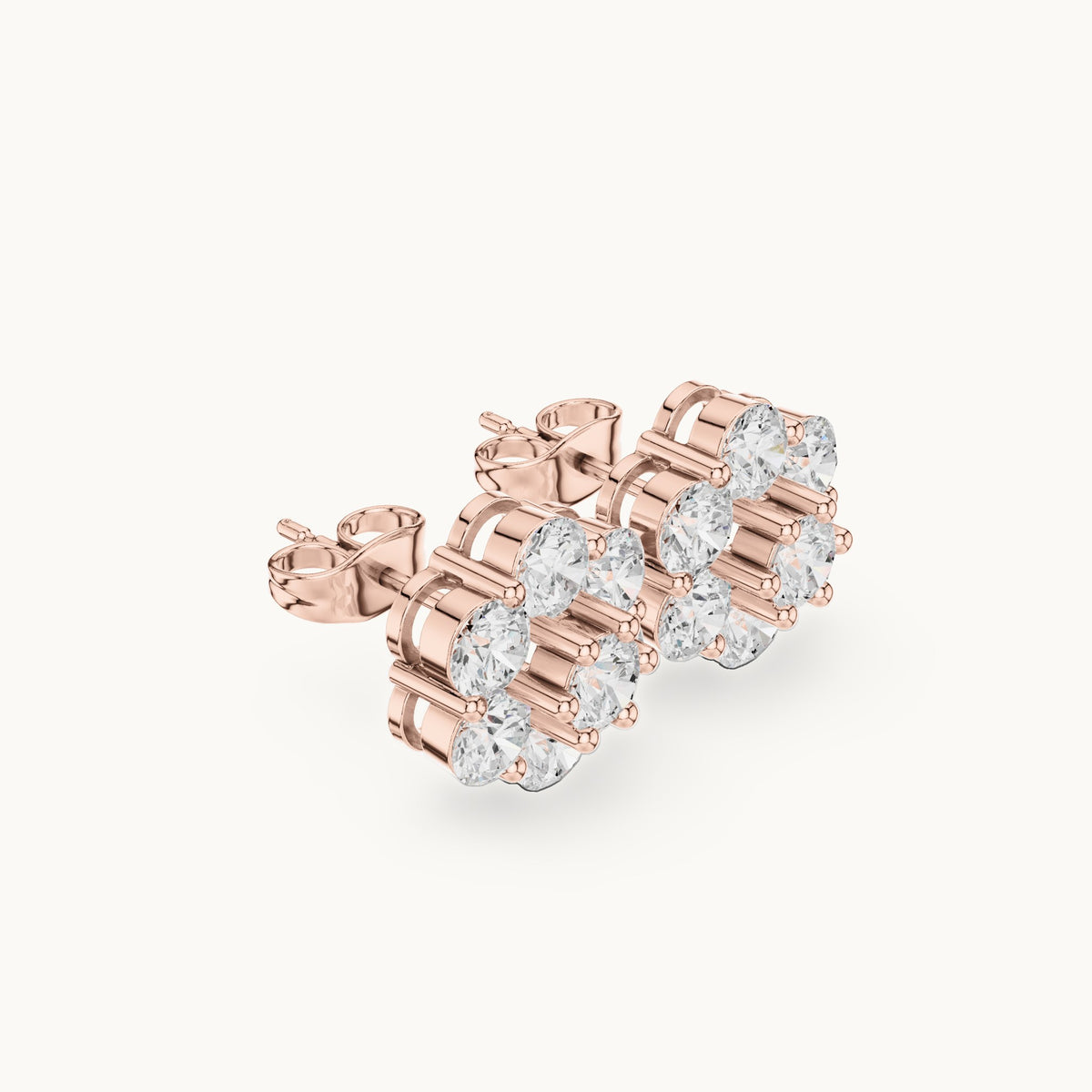 Round lab-grown diamond hexagon cluster stud earrings in rose gold, 2.94 CT TW, view 1