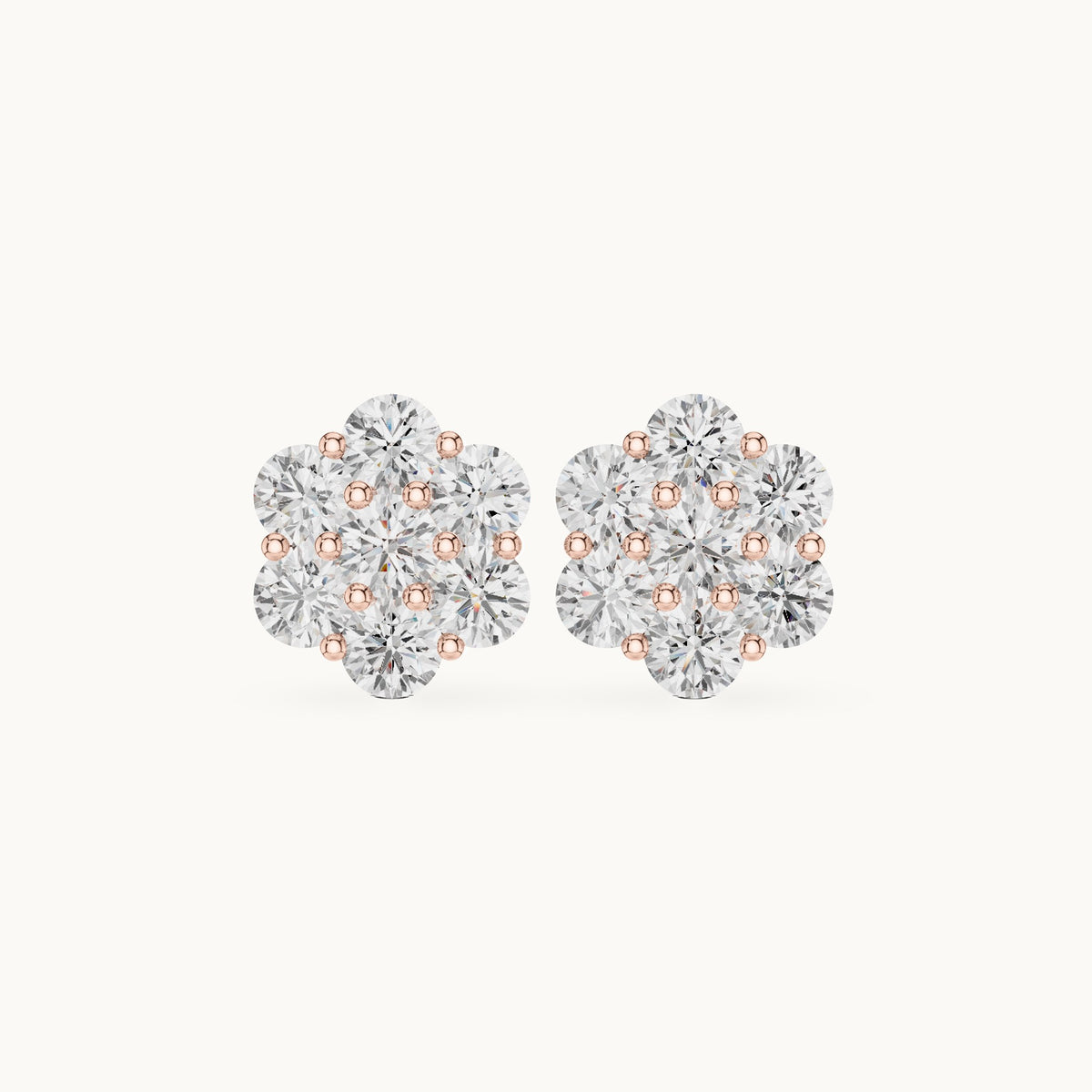 Round lab-grown diamond hexagon cluster stud earrings in rose gold, 2.94 CT TW, view 4