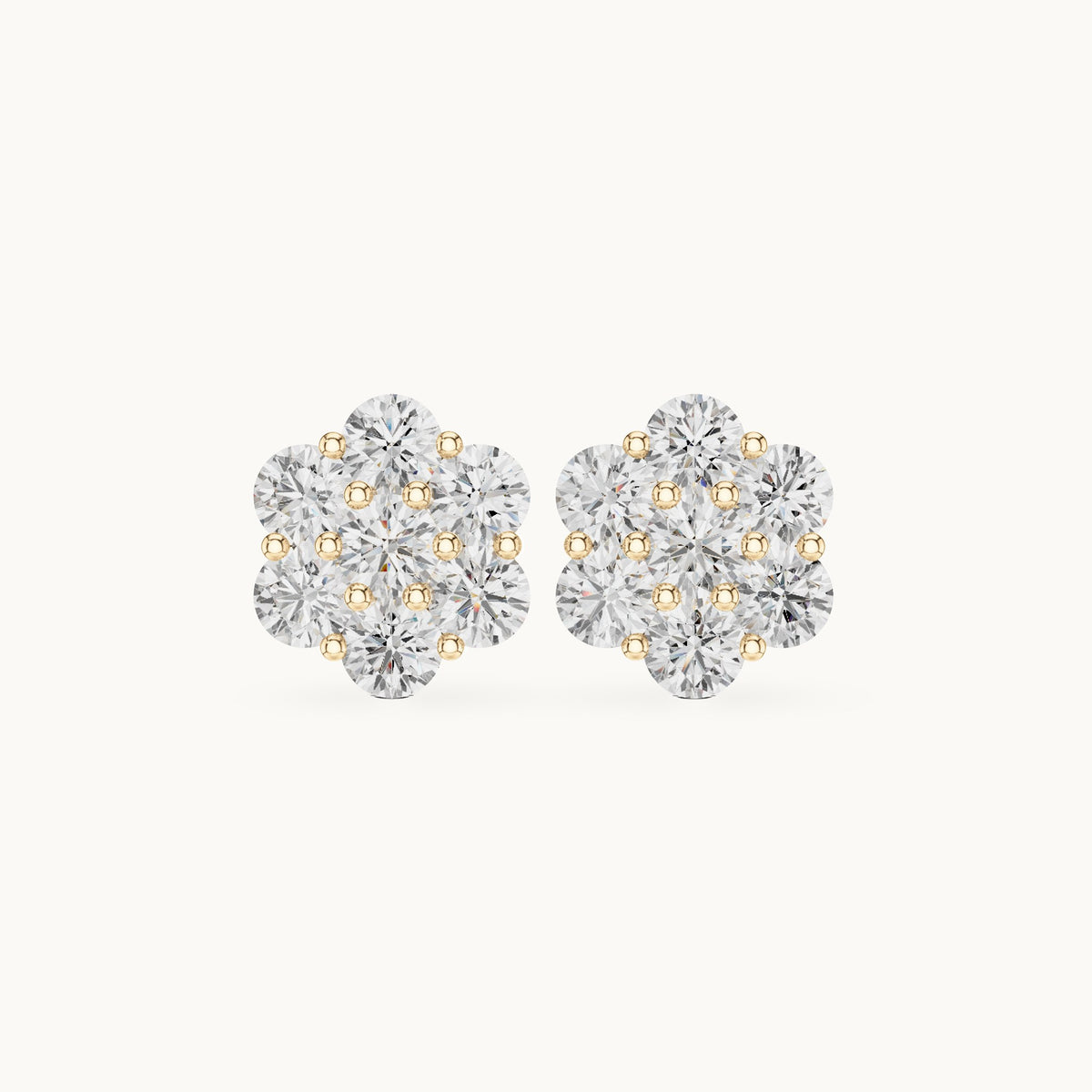 Round lab-grown diamond hexagon cluster stud earrings in yellow gold, 2.94 CT TW, view 4