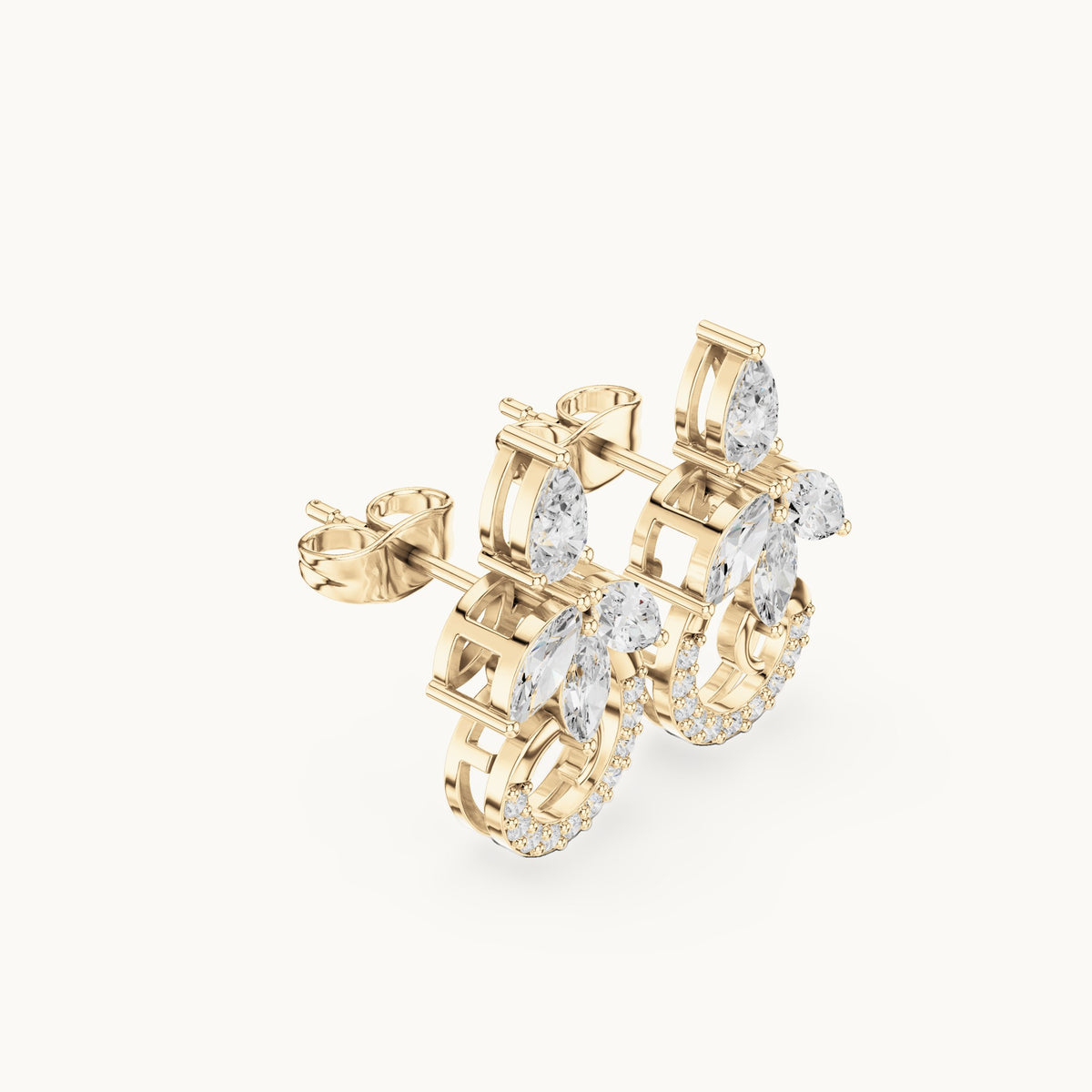 Marquise, pear and round lab-grown diamond leaf and pavé circle earrings in yellow gold, 2.21 CT TW, view 1