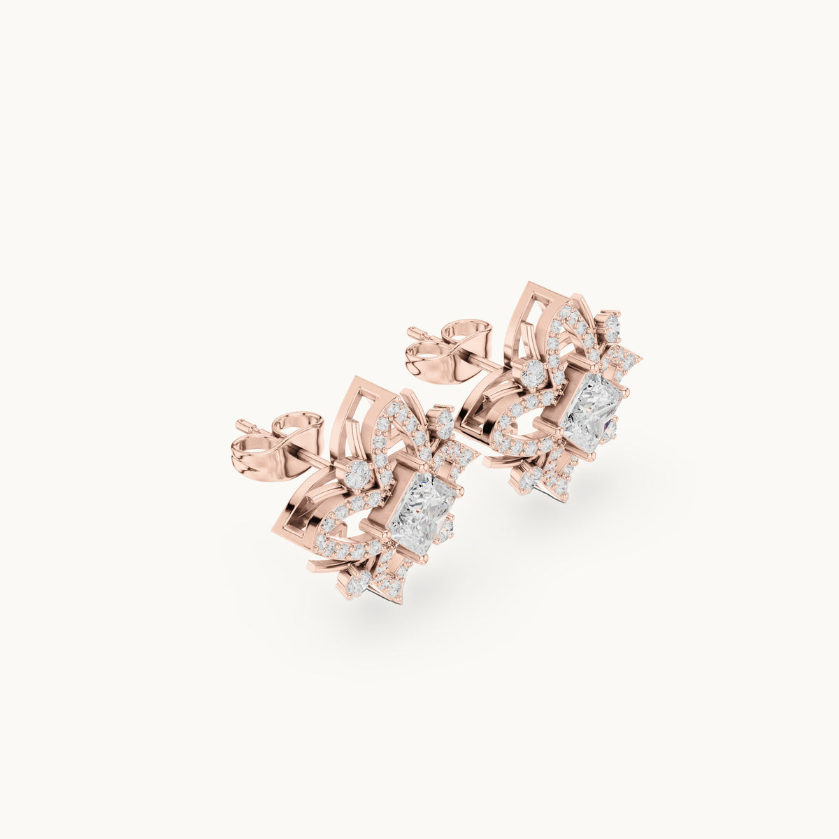 Princess-cut and round lab-grown diamond compass star stud earrings in rose gold, 1.69 CT TW, view 1