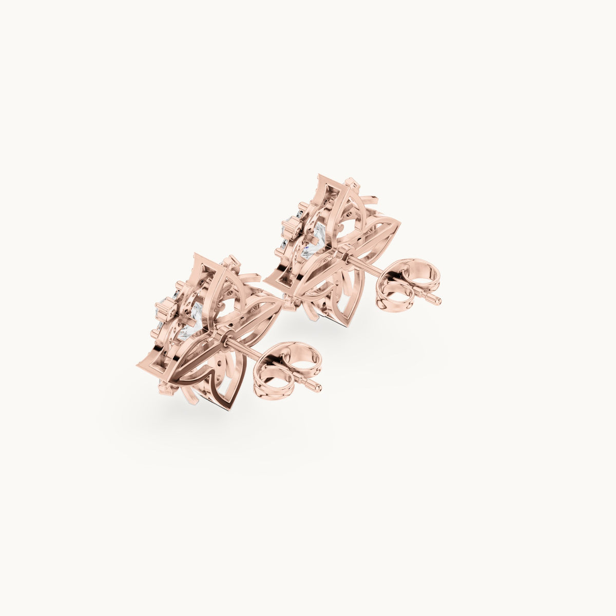Princess-cut and round lab-grown diamond compass star stud earrings in rose gold, 1.69 CT TW, view 2