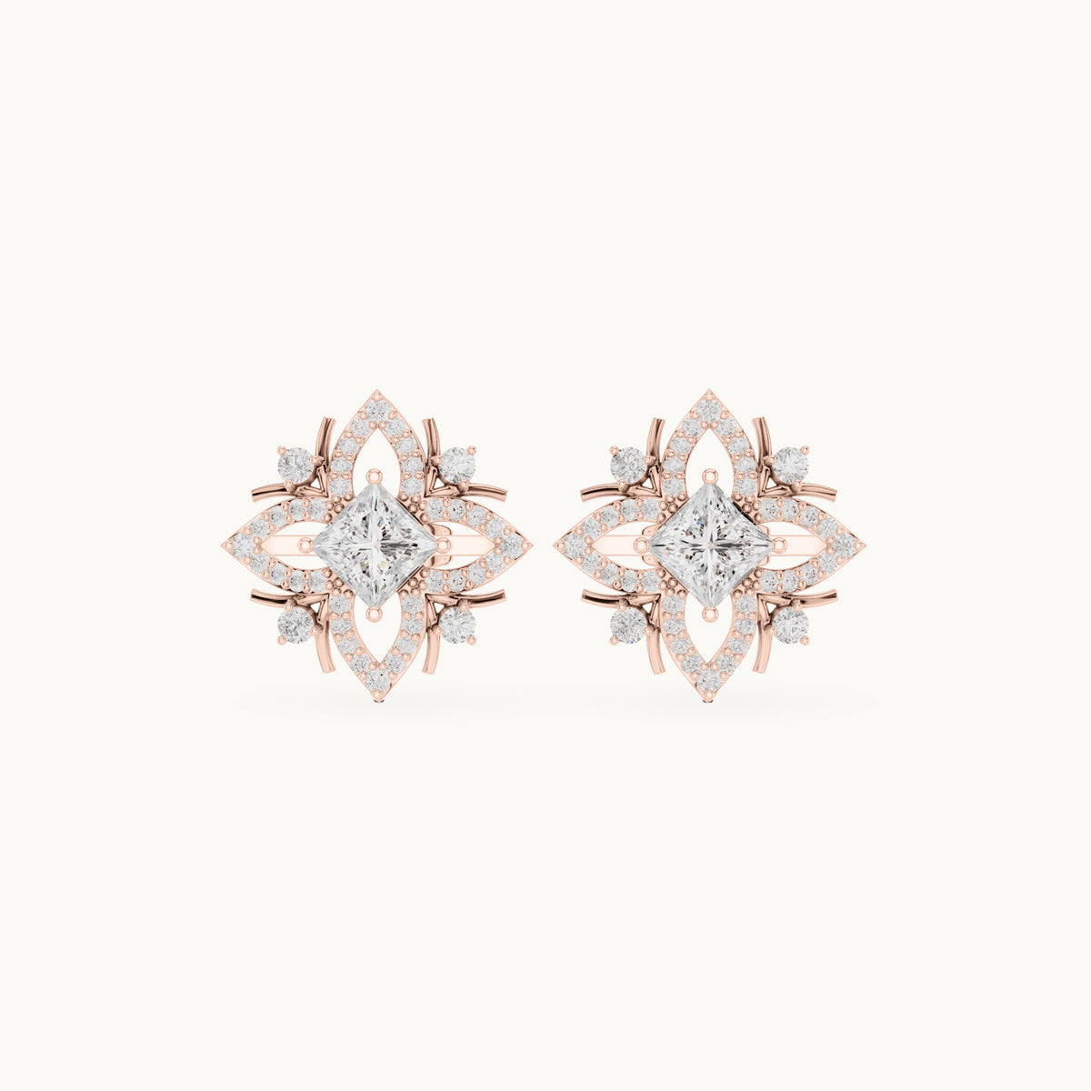 Princess-cut and round lab-grown diamond compass star stud earrings in rose gold, 1.69 CT TW, view 4