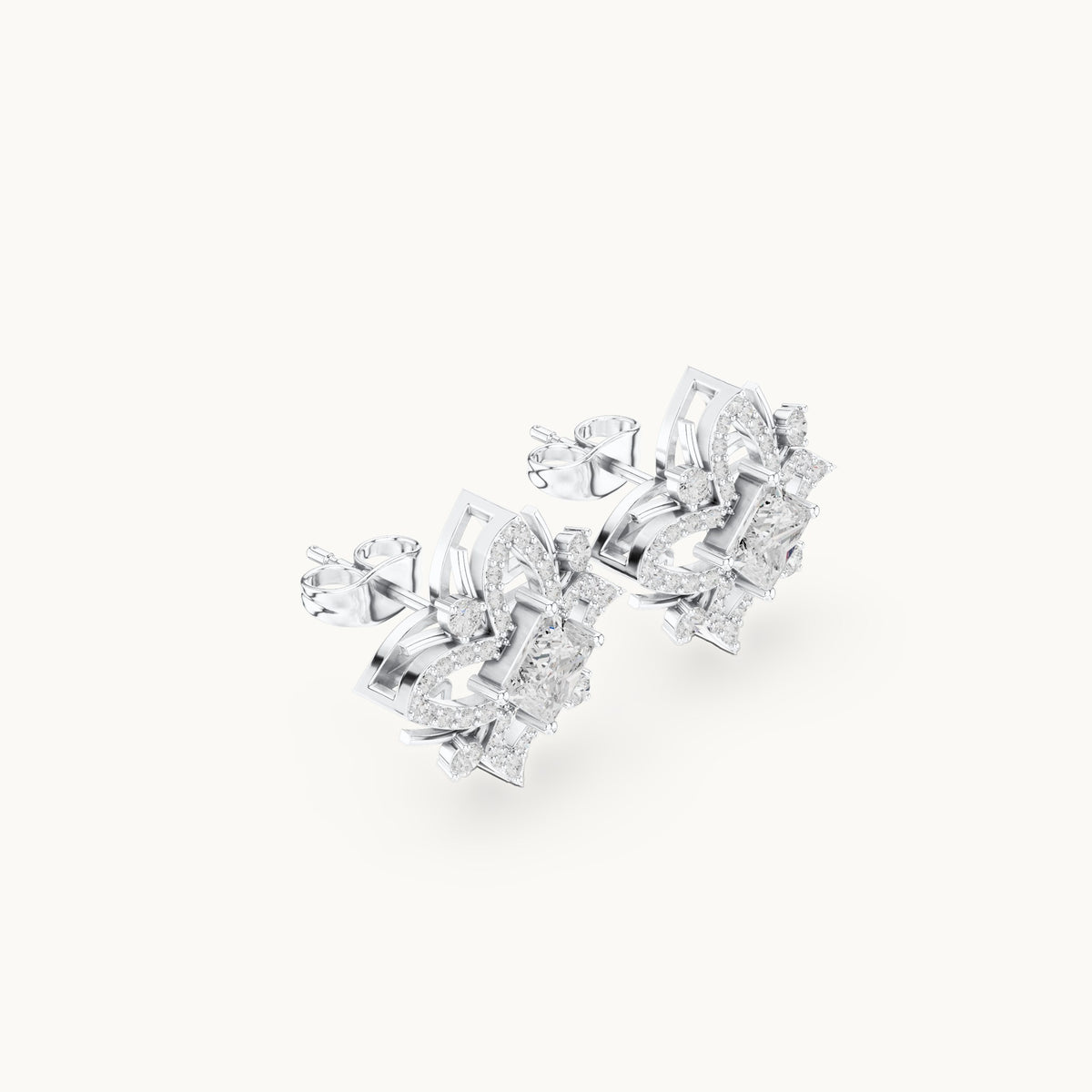 Princess-cut and round lab-grown diamond compass star stud earrings in white gold, 1.69 CT TW, view 1