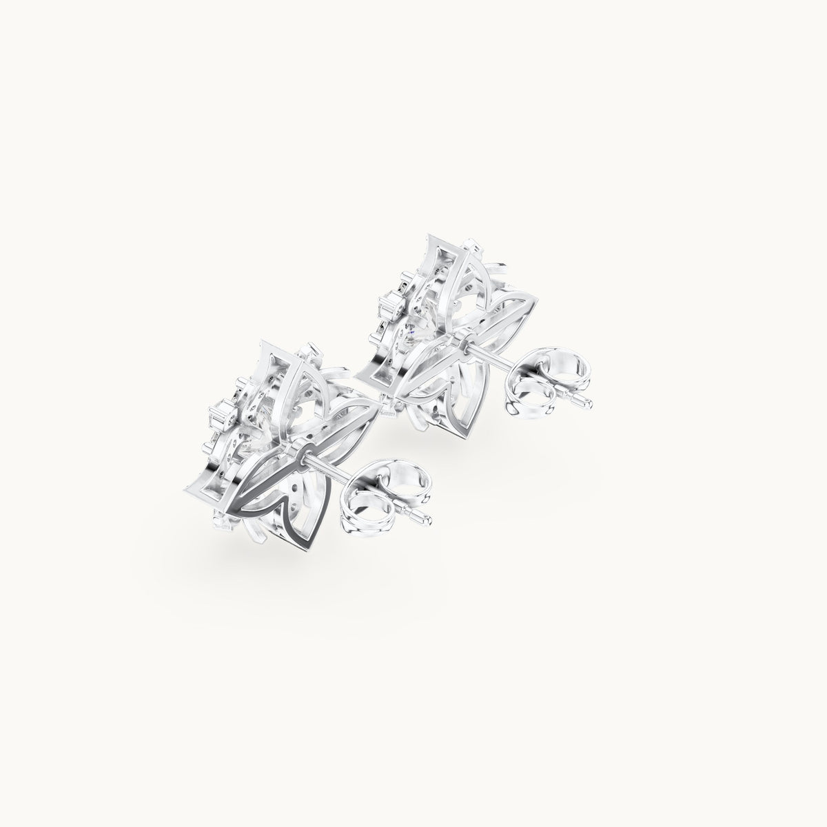 Princess-cut and round lab-grown diamond compass star stud earrings in white gold, 1.69 CT TW, view 2