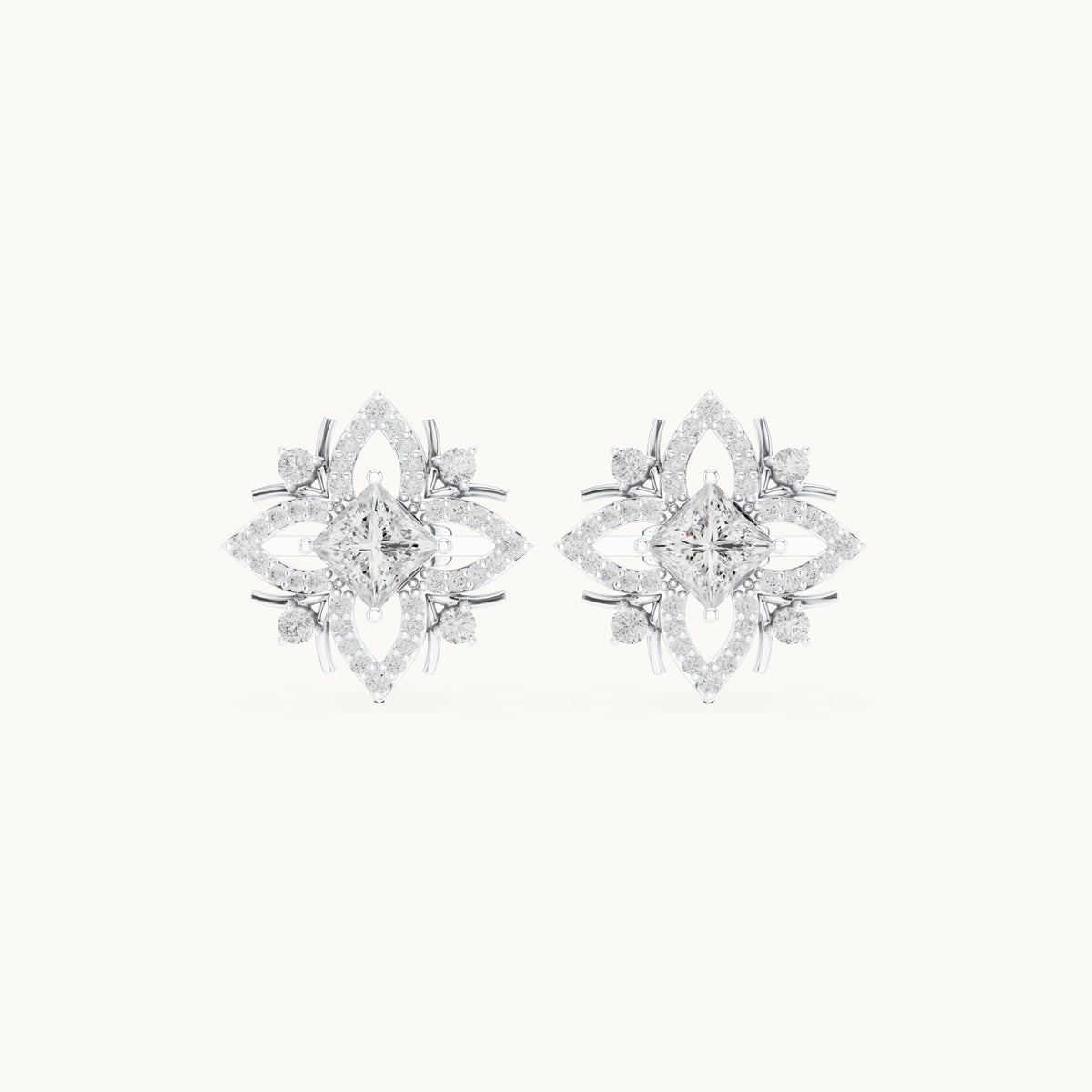 Princess-cut and round lab-grown diamond compass star stud earrings in white gold, 1.69 CT TW, view 4