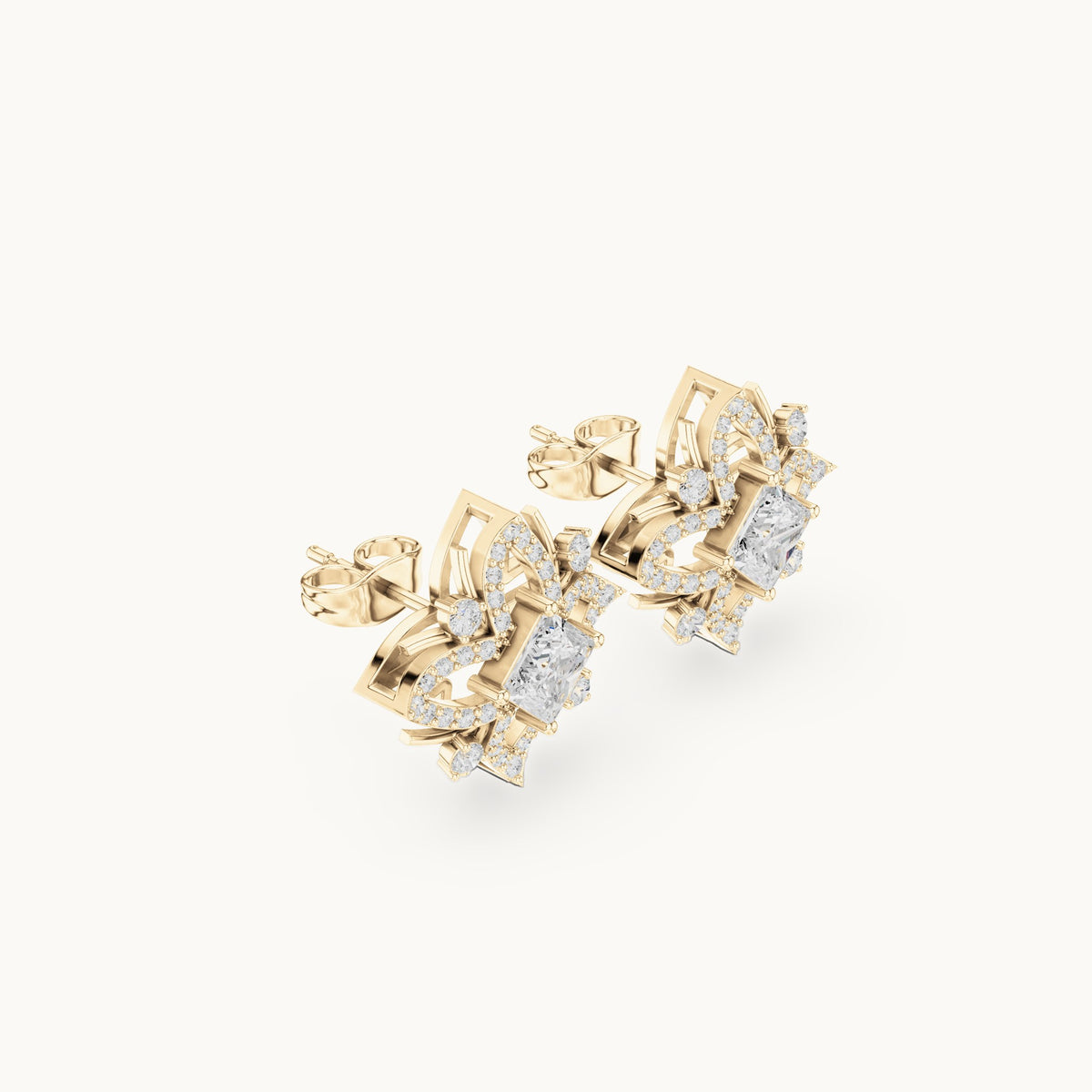 Princess-cut and round lab-grown diamond compass star stud earrings in yellow gold, 1.69 CT TW, view 1