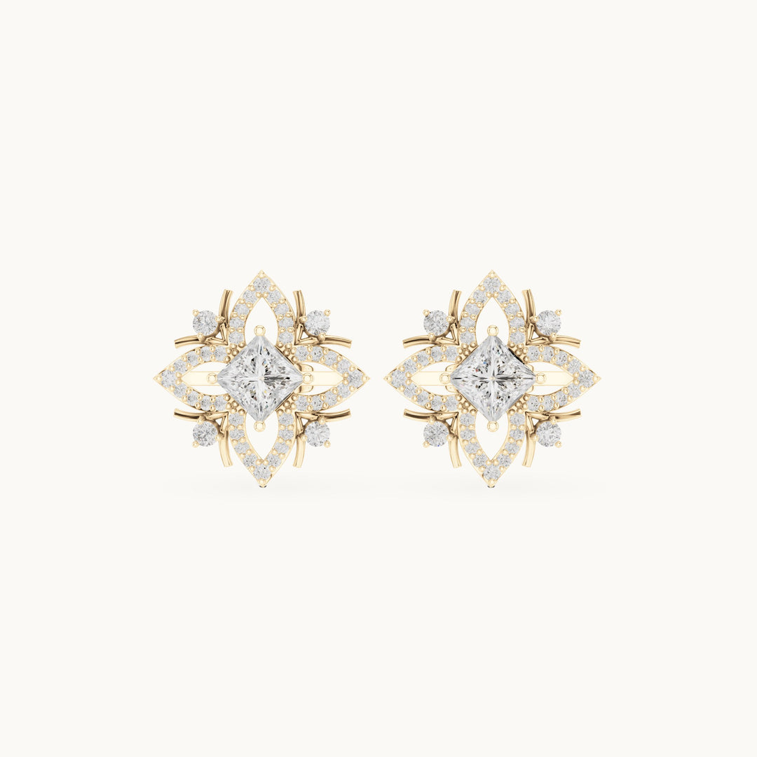Princess-cut and round lab-grown diamond compass star stud earrings in yellow gold, 1.69 CT TW, view 4