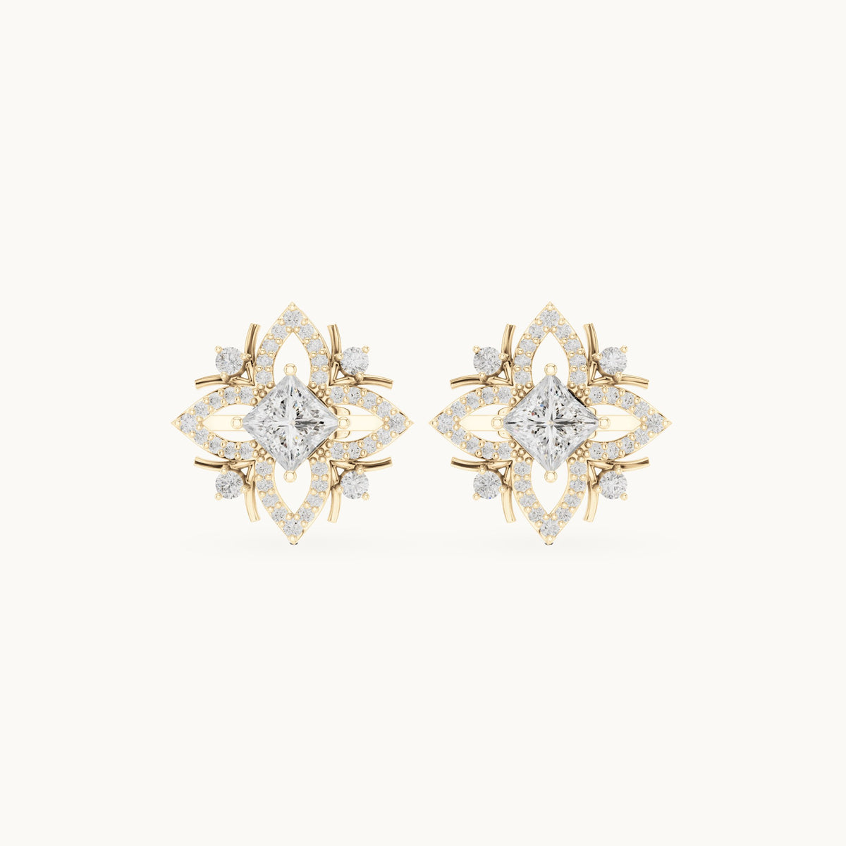 Princess-cut and round lab-grown diamond compass star stud earrings in yellow gold, 1.69 CT TW, view 4