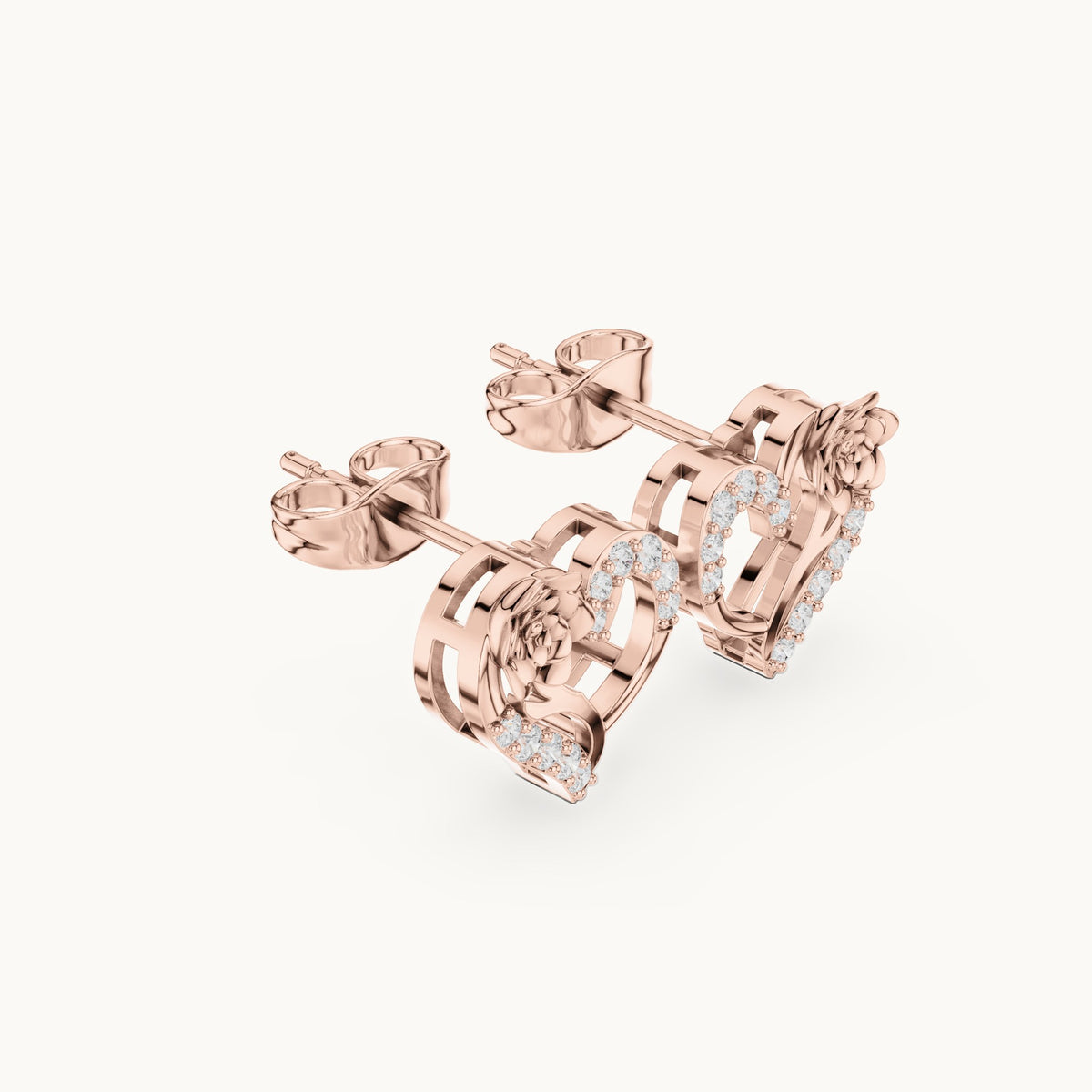 Round lab-grown diamond open heart rose stud earrings in rose gold, 0.14 CT TW, view 1