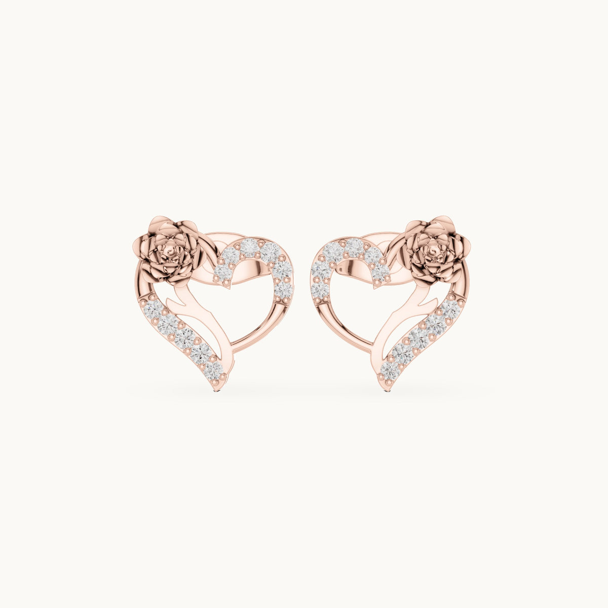 Round lab-grown diamond open heart rose stud earrings in rose gold, 0.14 CT TW, view 4