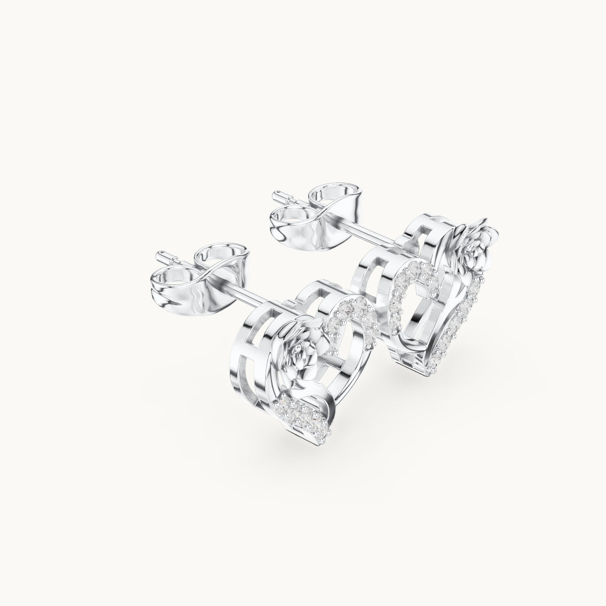 Round lab-grown diamond open heart rose stud earrings in white gold, 0.14 CT TW, view 1