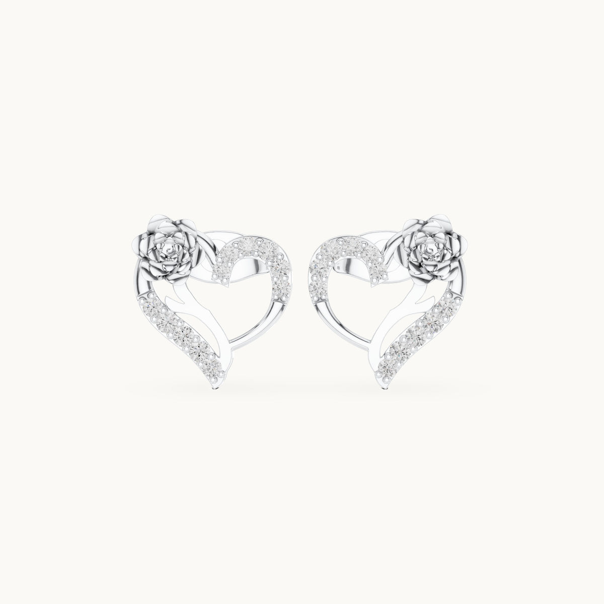 Round lab-grown diamond open heart rose stud earrings in white gold, 0.14 CT TW, view 4