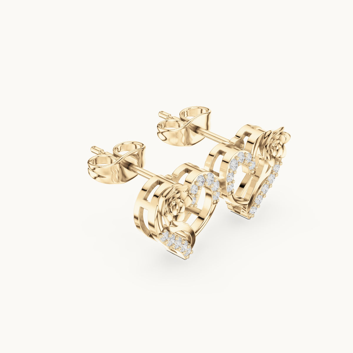 Round lab-grown diamond open heart rose stud earrings in yellow gold, 0.14 CT TW, view 1
