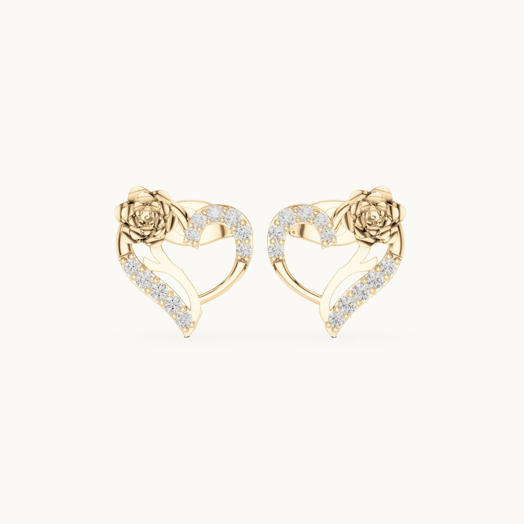 Round lab-grown diamond open heart rose stud earrings in yellow gold, 0.14 CT TW, view 4