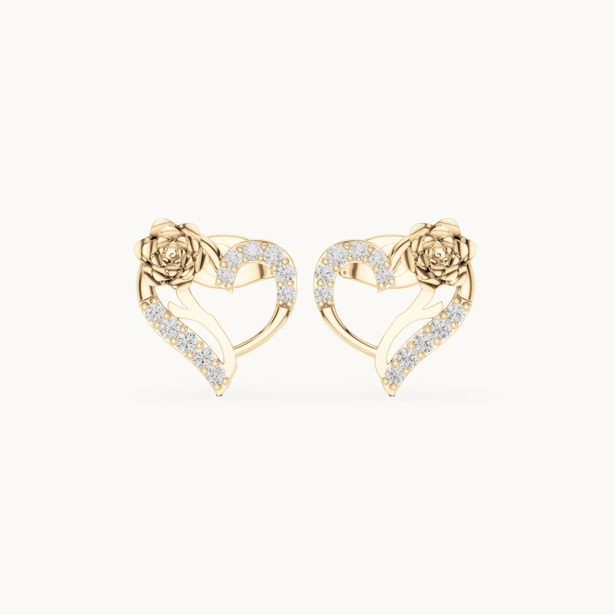 Round lab-grown diamond open heart rose stud earrings in yellow gold, 0.14 CT TW, view 4