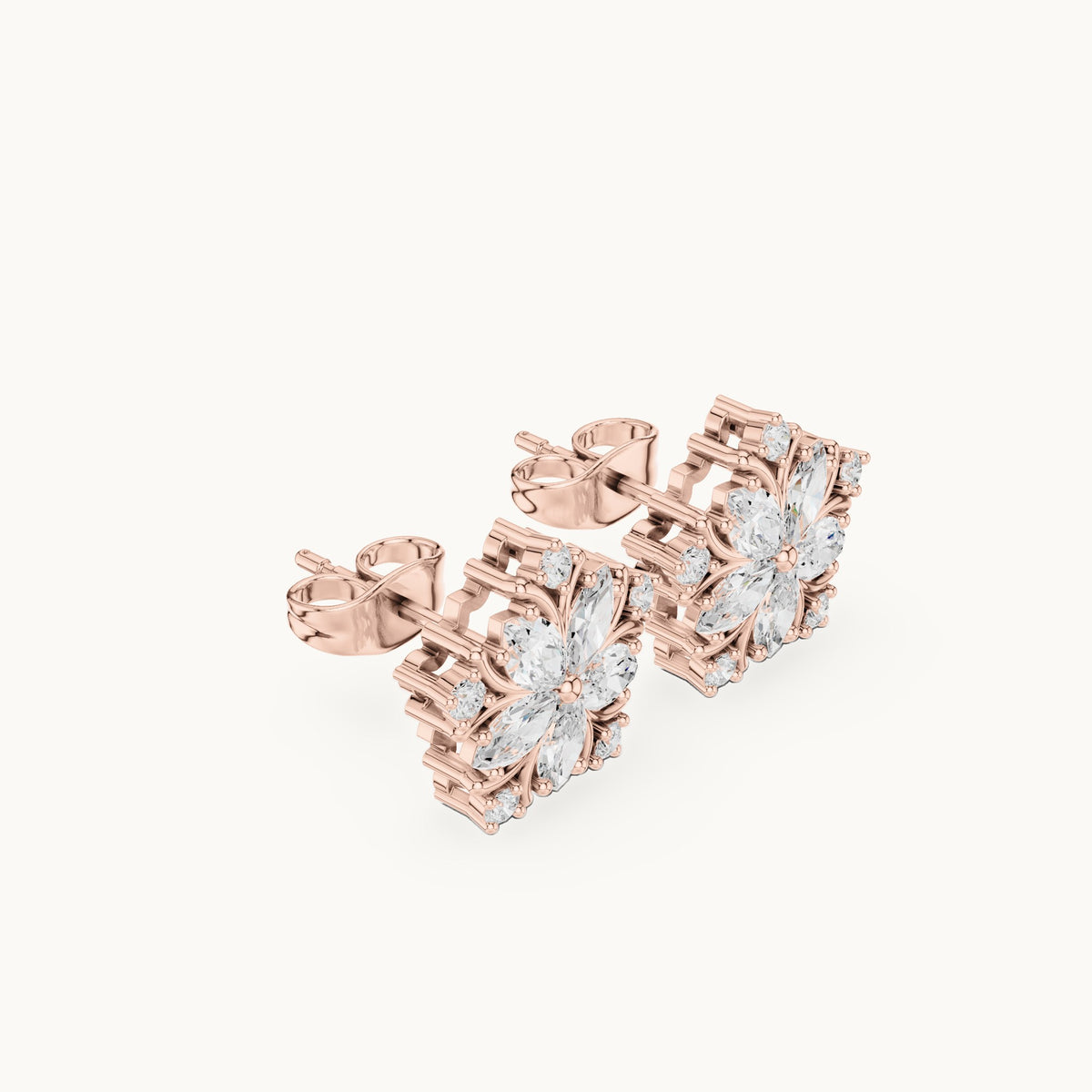 Marquise and round lab-grown diamond star flower stud earrings in rose gold, 0.95 CT TW, view 1