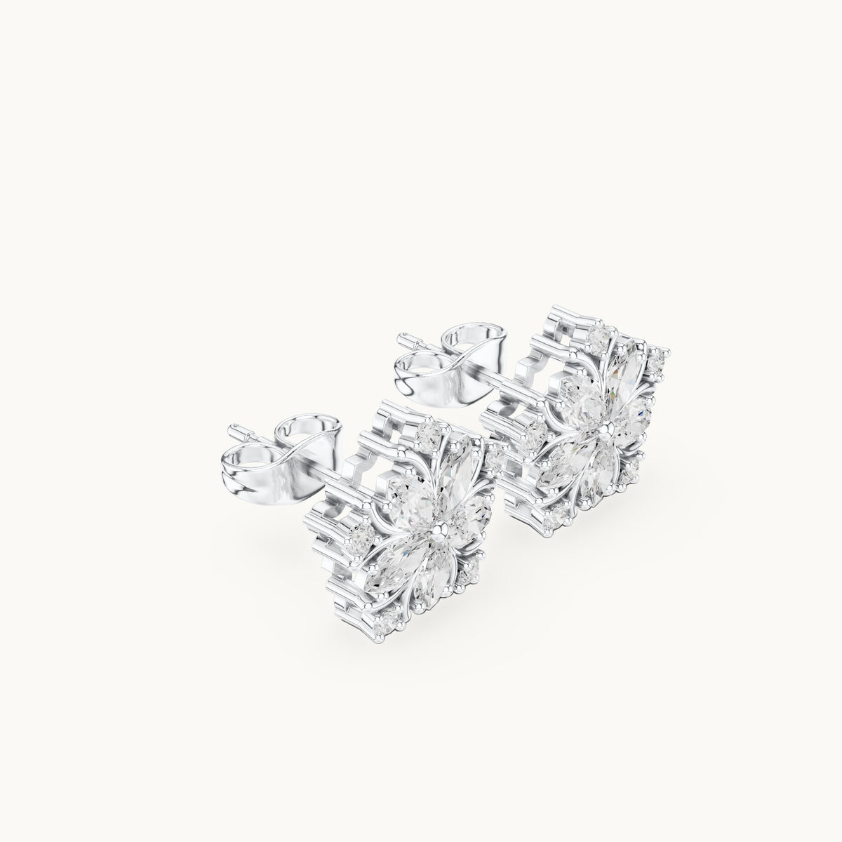 Marquise and round lab-grown diamond star flower stud earrings in white gold, 0.95 CT TW, view 1