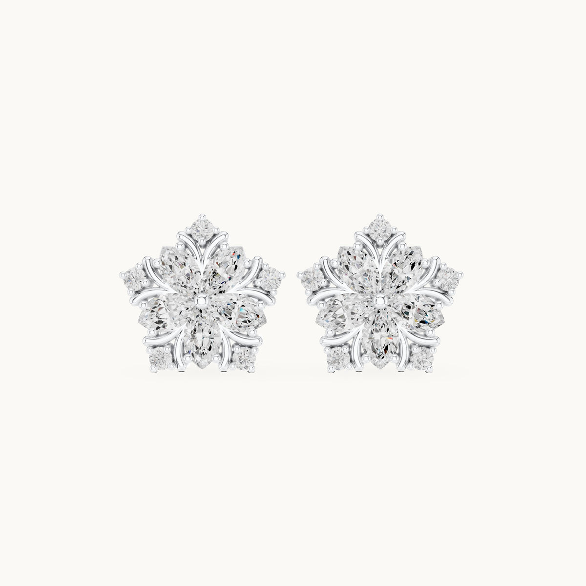 Marquise and round lab-grown diamond star flower stud earrings in white gold, 0.95 CT TW, view 4