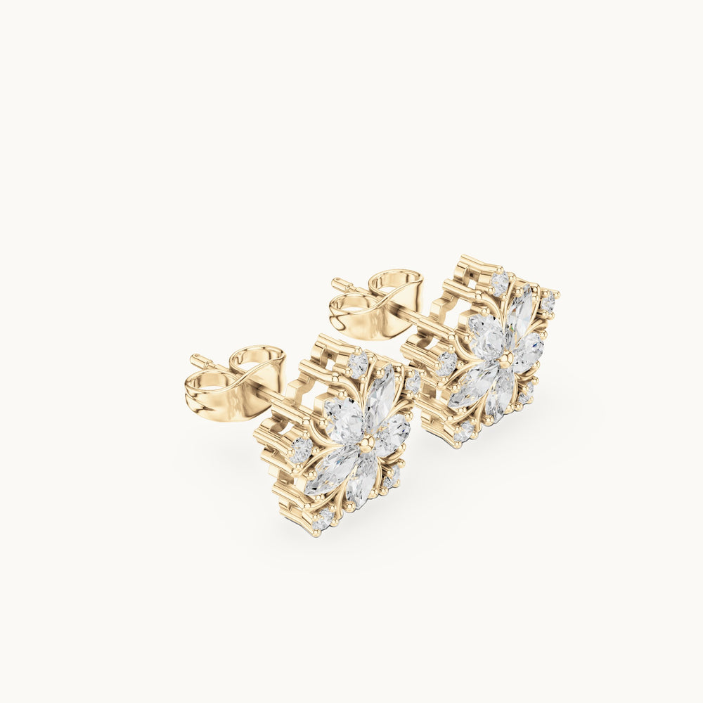 Marquise and round lab-grown diamond star flower stud earrings in yellow gold, 0.95 CT TW, view 1
