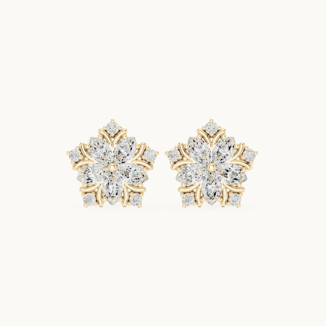 Marquise and round lab-grown diamond star flower stud earrings in yellow gold, 0.95 CT TW, view 4