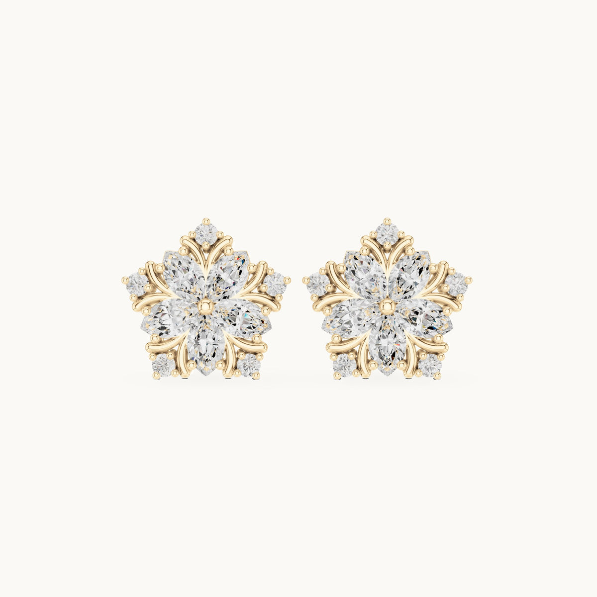 Marquise and round lab-grown diamond star flower stud earrings in yellow gold, 0.95 CT TW, view 4
