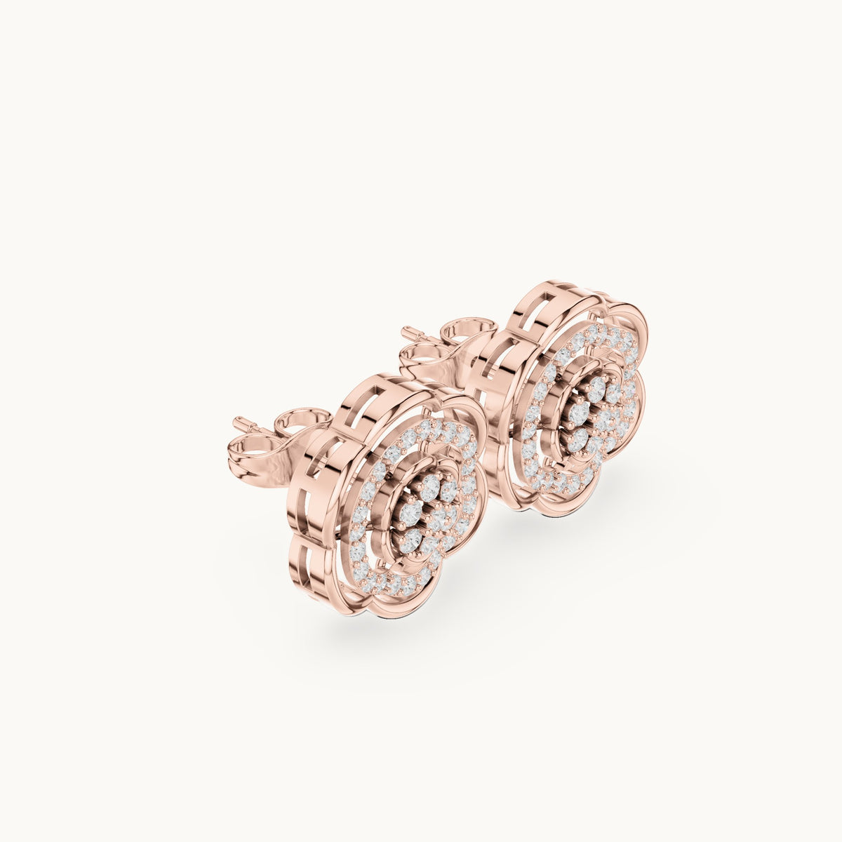 Round lab-grown diamond camellia pavé stud earrings in rose gold, 0.45 CT TW, view 1