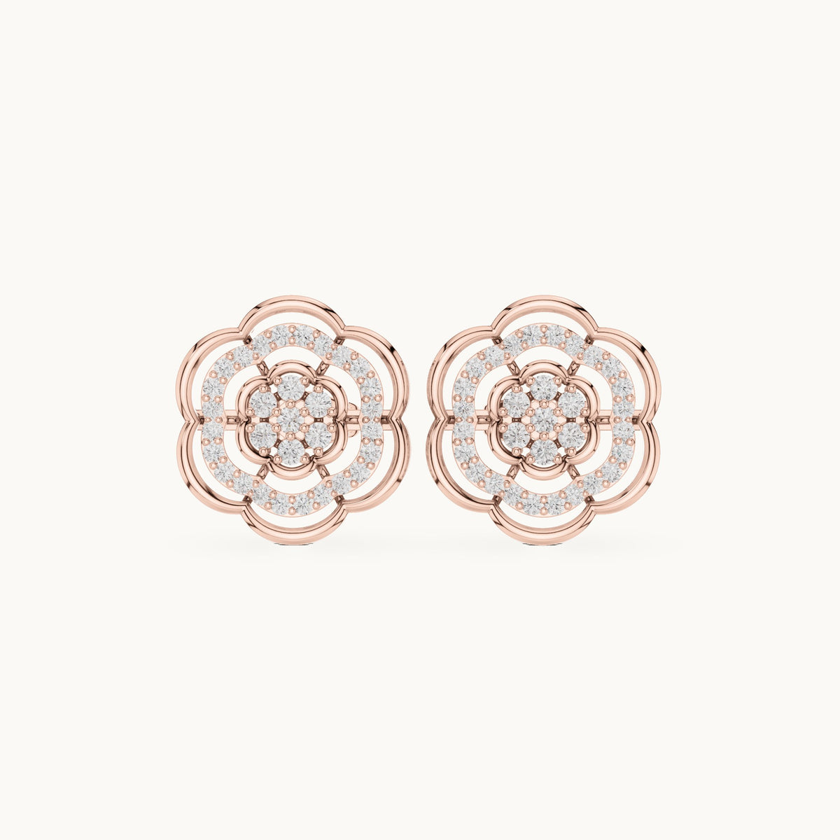 Round lab-grown diamond camellia pavé stud earrings in rose gold, 0.45 CT TW, view 4