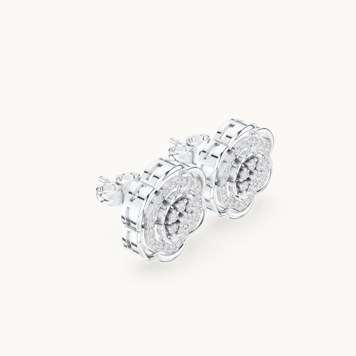 Round lab-grown diamond camellia pavé stud earrings in white gold, 0.45 CT TW, view 1