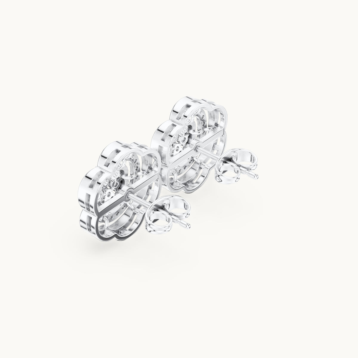 Round lab-grown diamond camellia pavé stud earrings in white gold, 0.45 CT TW, view 2