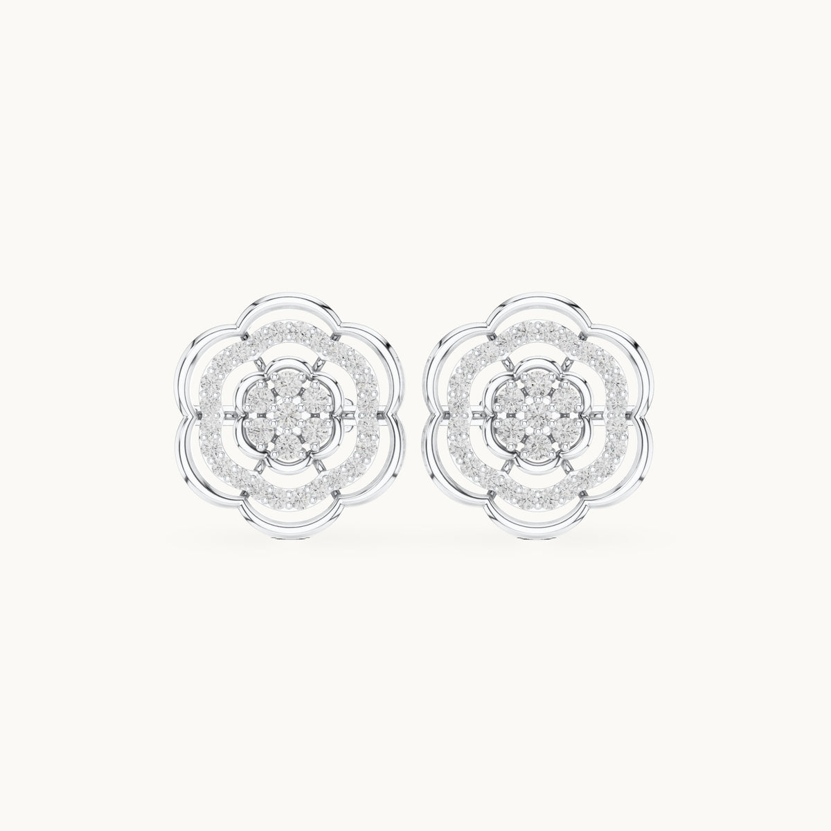 Round lab-grown diamond camellia pavé stud earrings in white gold, 0.45 CT TW, view 4