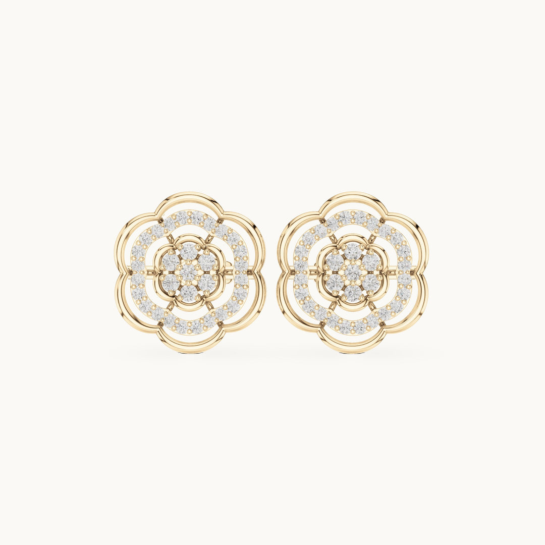 Round lab-grown diamond camellia pavé stud earrings in yellow gold, 0.45 CT TW, view 4