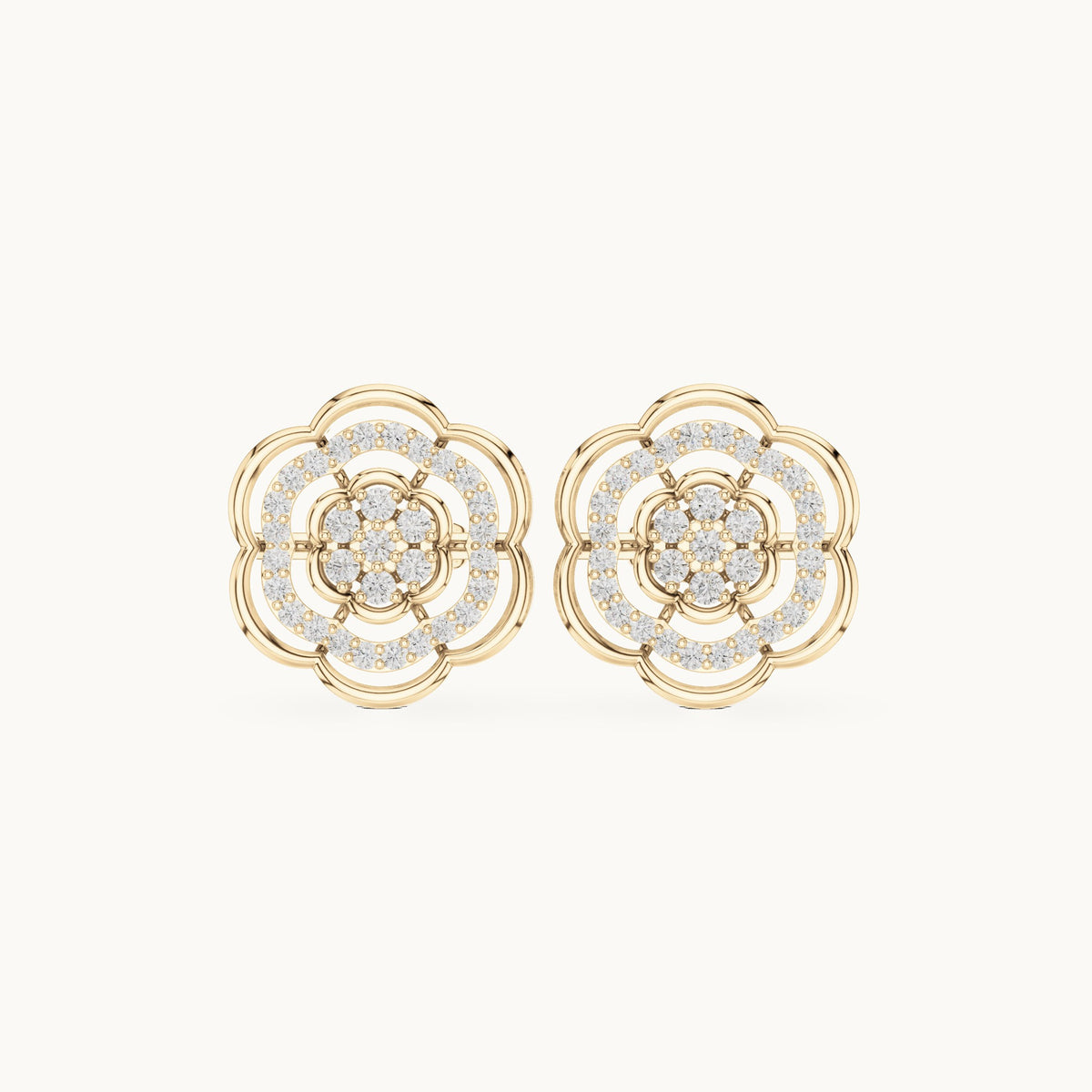 Round lab-grown diamond camellia pavé stud earrings in yellow gold, 0.45 CT TW, view 4