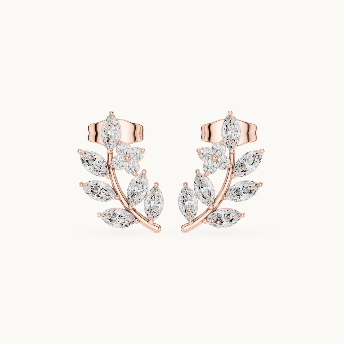 Marquise and round lab-grown diamond leaf vine climber earrings in rose gold, 0.77 CT TW, view 4