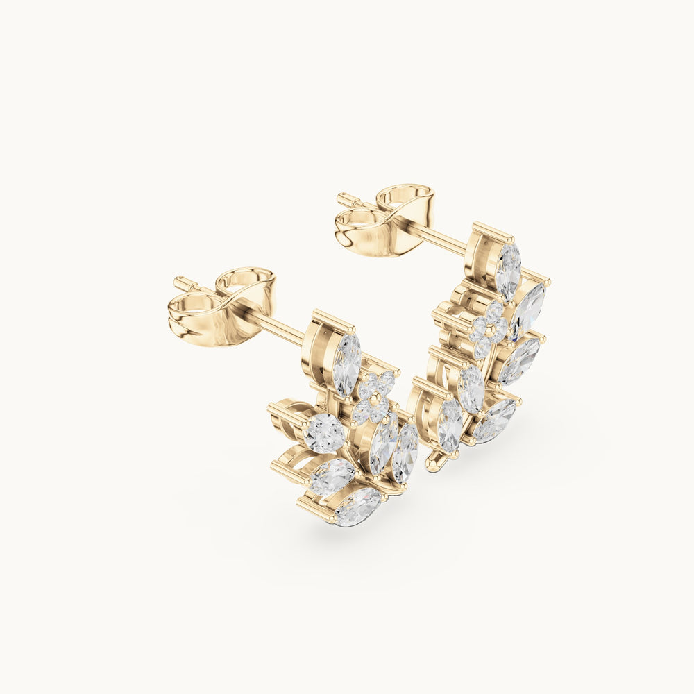 Marquise and round lab-grown diamond leaf vine climber earrings in yellow gold, 0.77 CT TW, view 1