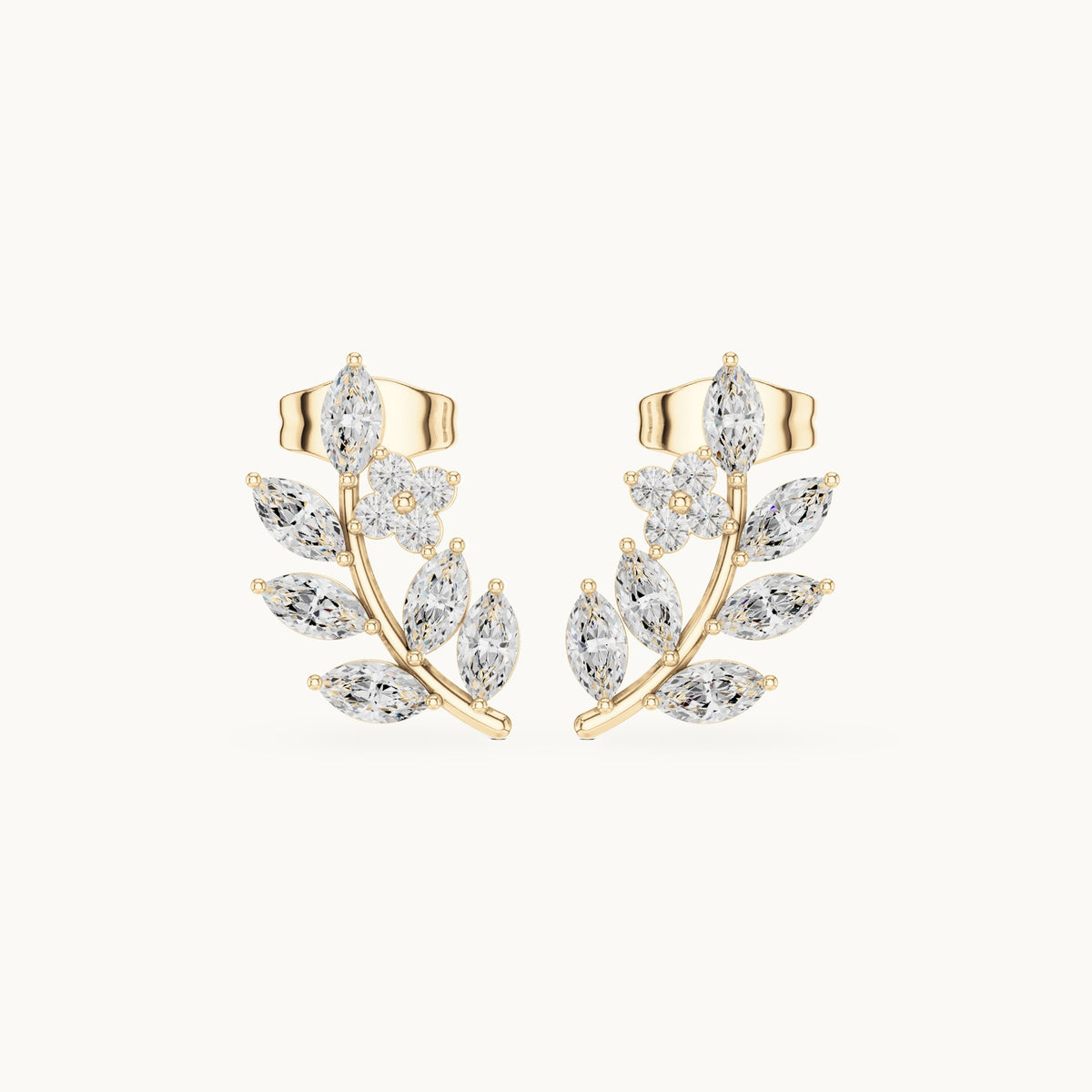 Marquise and round lab-grown diamond leaf vine climber earrings in yellow gold, 0.77 CT TW, view 4