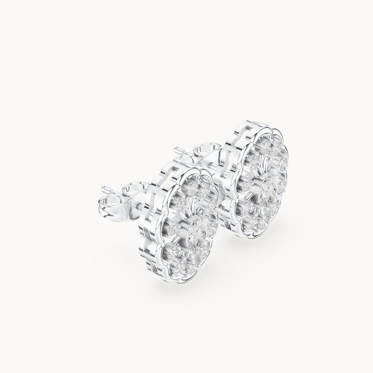 Oval and round lab-grown diamond filigree oval stud earrings in white gold, 0.48 CT TW, view 1