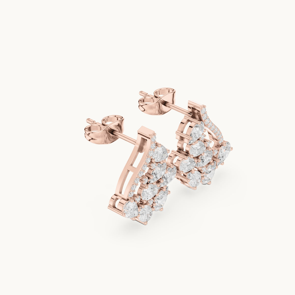 Pear and round lab-grown diamond open triangle cluster earrings in rose gold, 1.43 CT TW, view 1