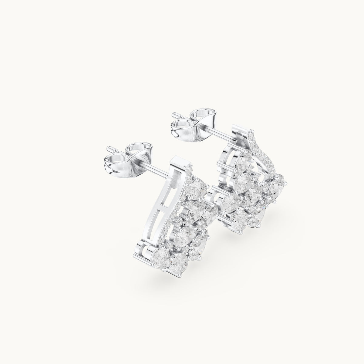 Pear and round lab-grown diamond open triangle cluster earrings in white gold, 1.43 CT TW, view 1