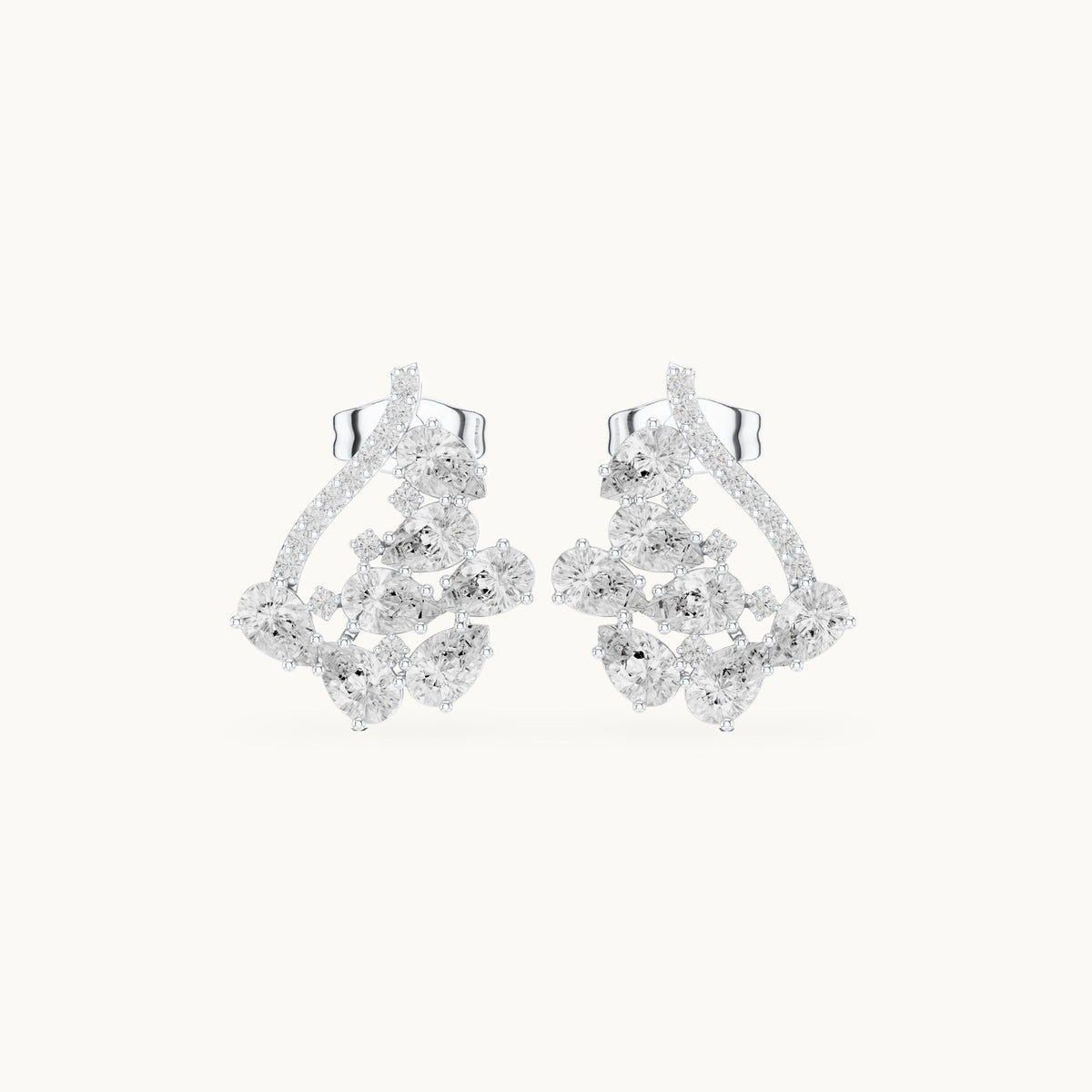 Pear and round lab-grown diamond open triangle cluster earrings in white gold, 1.43 CT TW, view 4