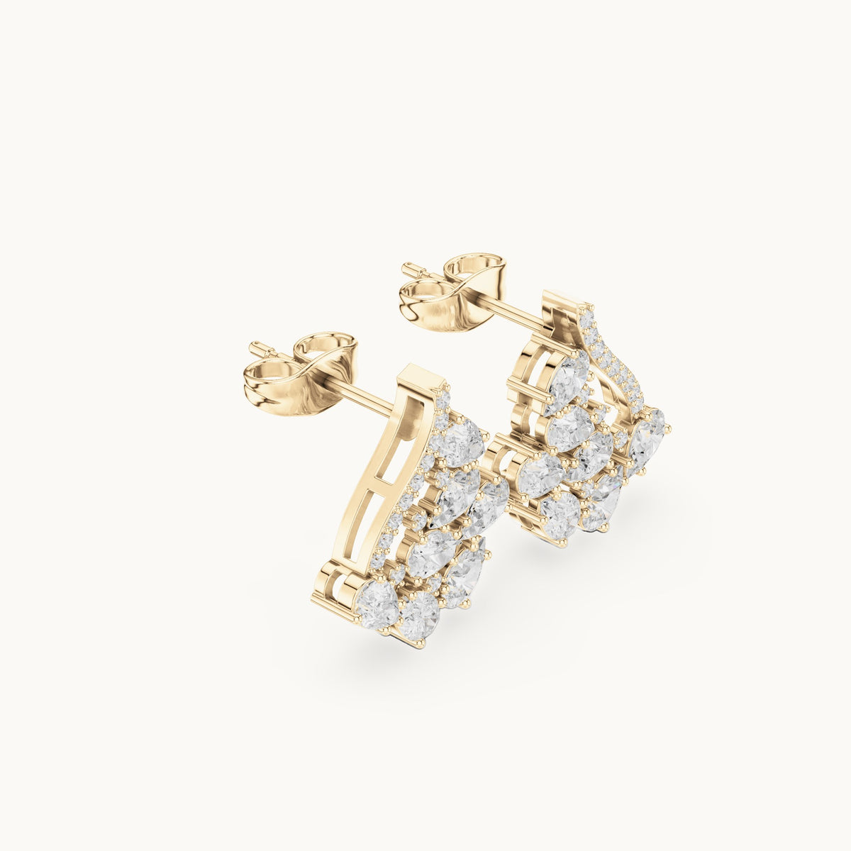 Pear and round lab-grown diamond open triangle cluster earrings in yellow gold, 1.43 CT TW, view 1