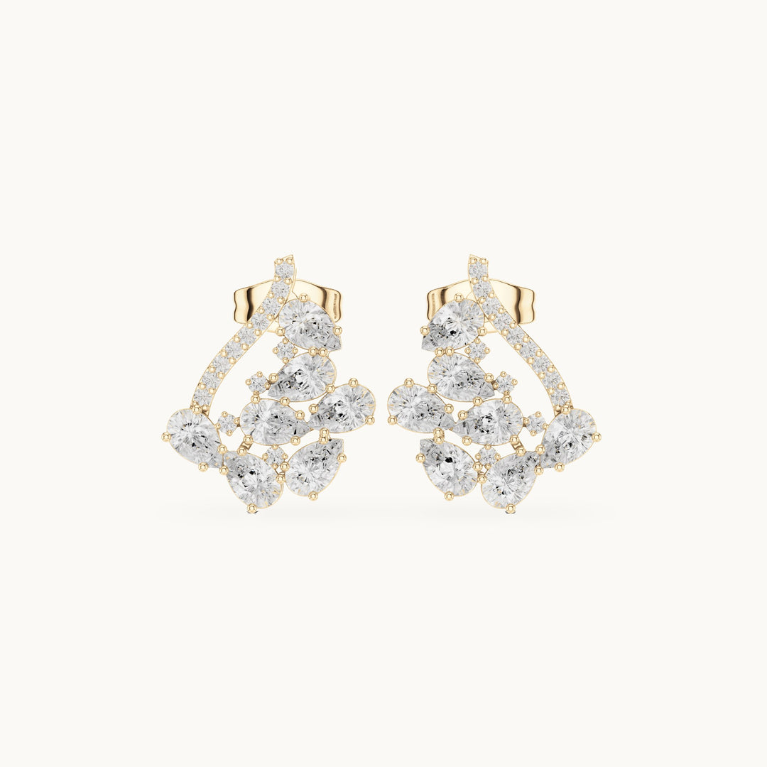 Pear and round lab-grown diamond open triangle cluster earrings in yellow gold, 1.43 CT TW, view 4