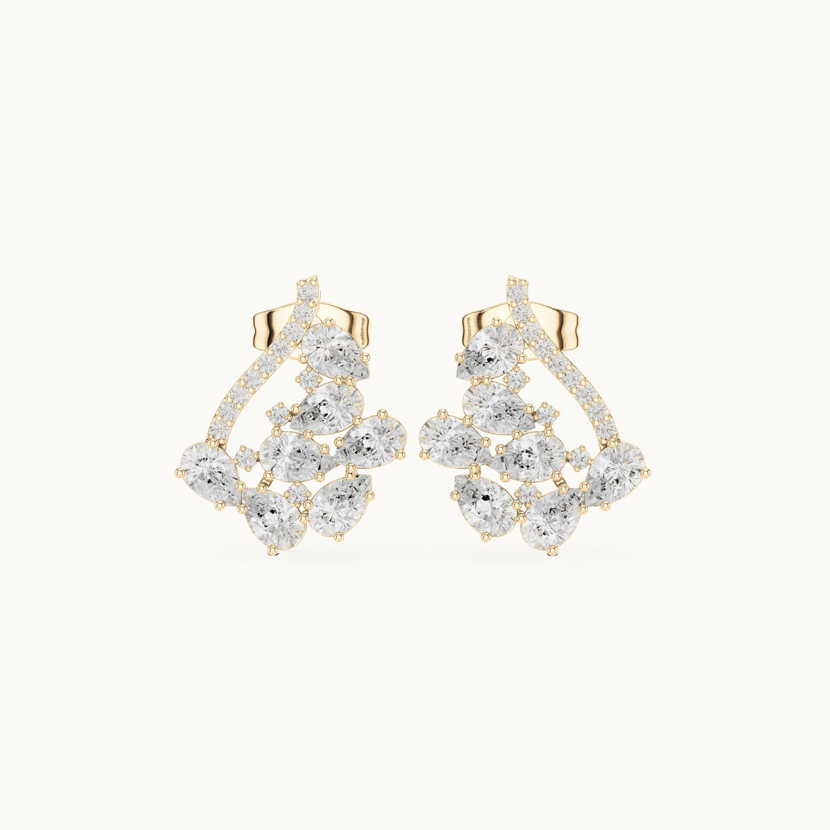 Pear and round lab-grown diamond open triangle cluster earrings in yellow gold, 1.43 CT TW, view 4