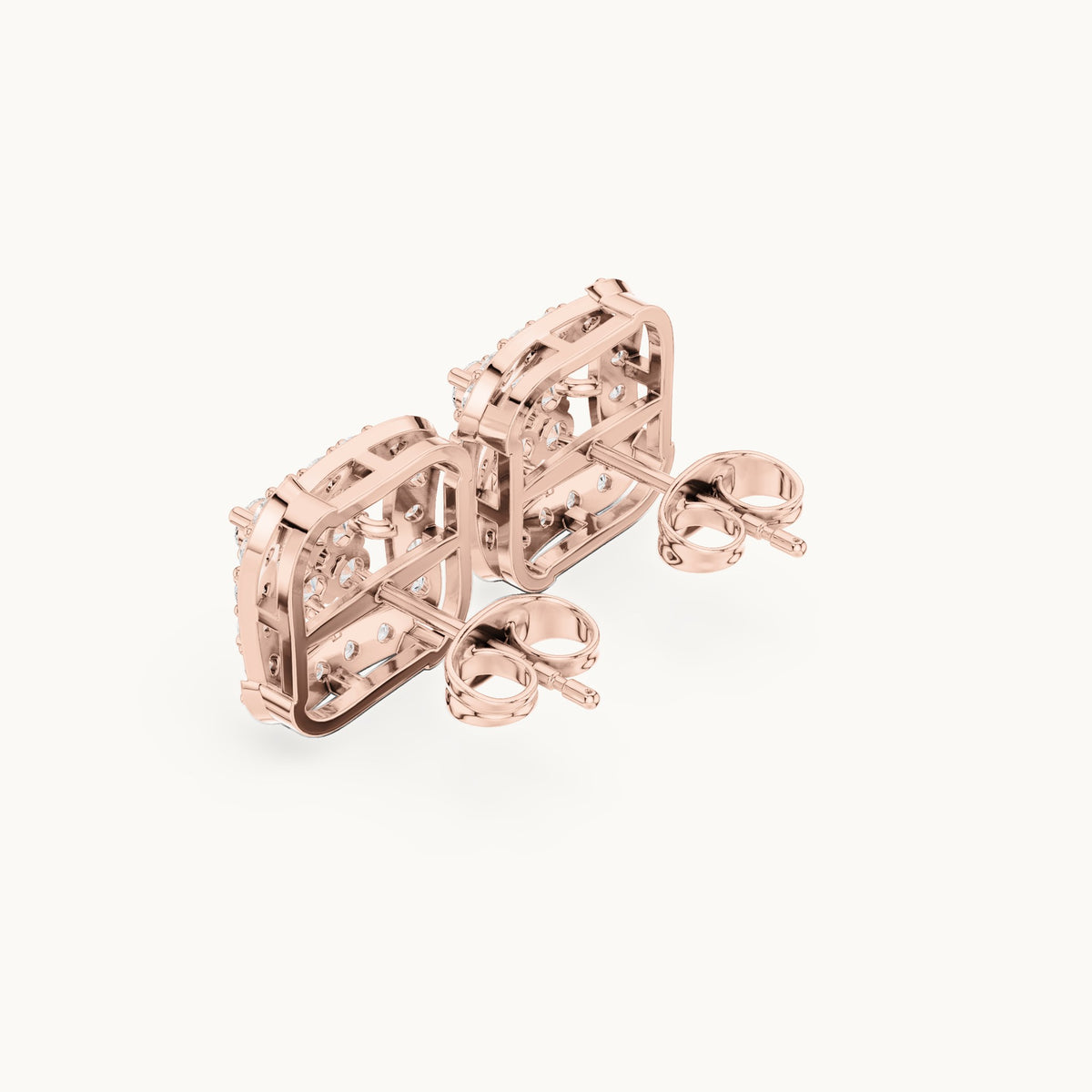 Round lab-grown diamond square cluster halo stud earrings in rose gold, 1.29 CT TW, view 2