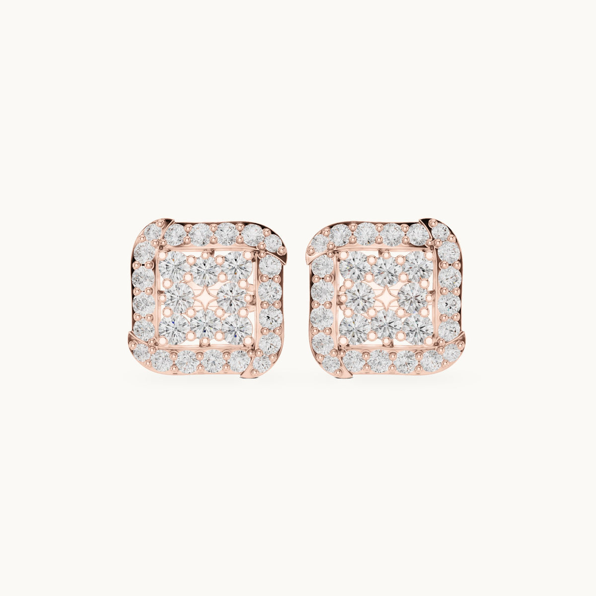 Round lab-grown diamond square cluster halo stud earrings in rose gold, 1.29 CT TW, view 4