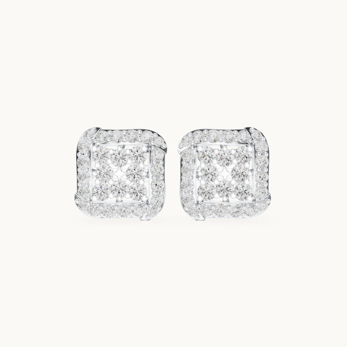 Round lab-grown diamond square cluster halo stud earrings in white gold, 1.29 CT TW, view 4
