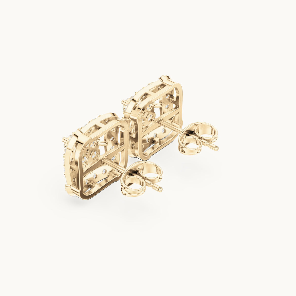 Round lab-grown diamond square cluster halo stud earrings in yellow gold, 1.29 CT TW, view 2